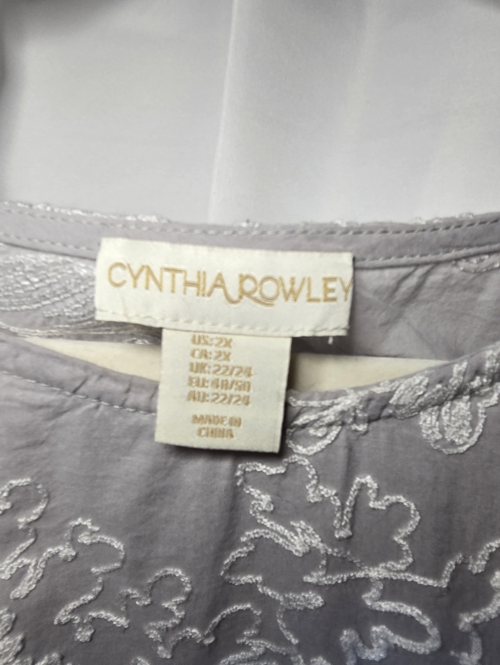 Cynthia Rowley Light Gray Tunic with White Floral Embroidery 2xl Plus Size - Picture 2 of 6